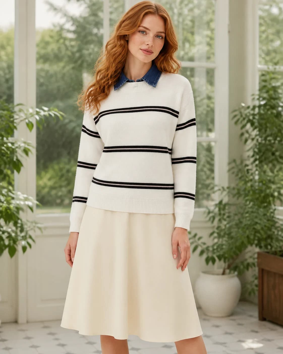 Breton-stripe cream pullover