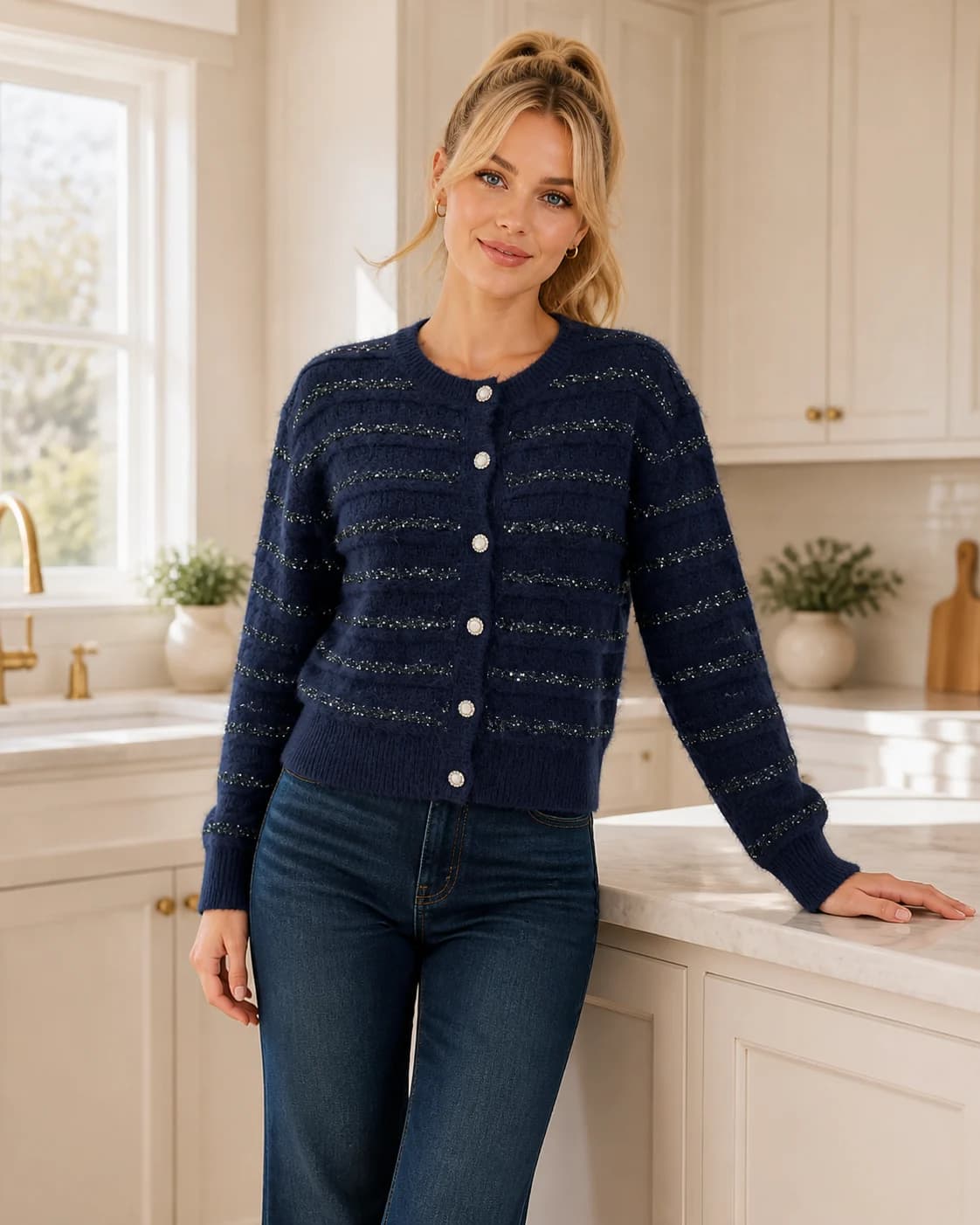 Tonal-stripe navy cardigan