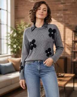 Floral-detail grey pullover thumbnail 1