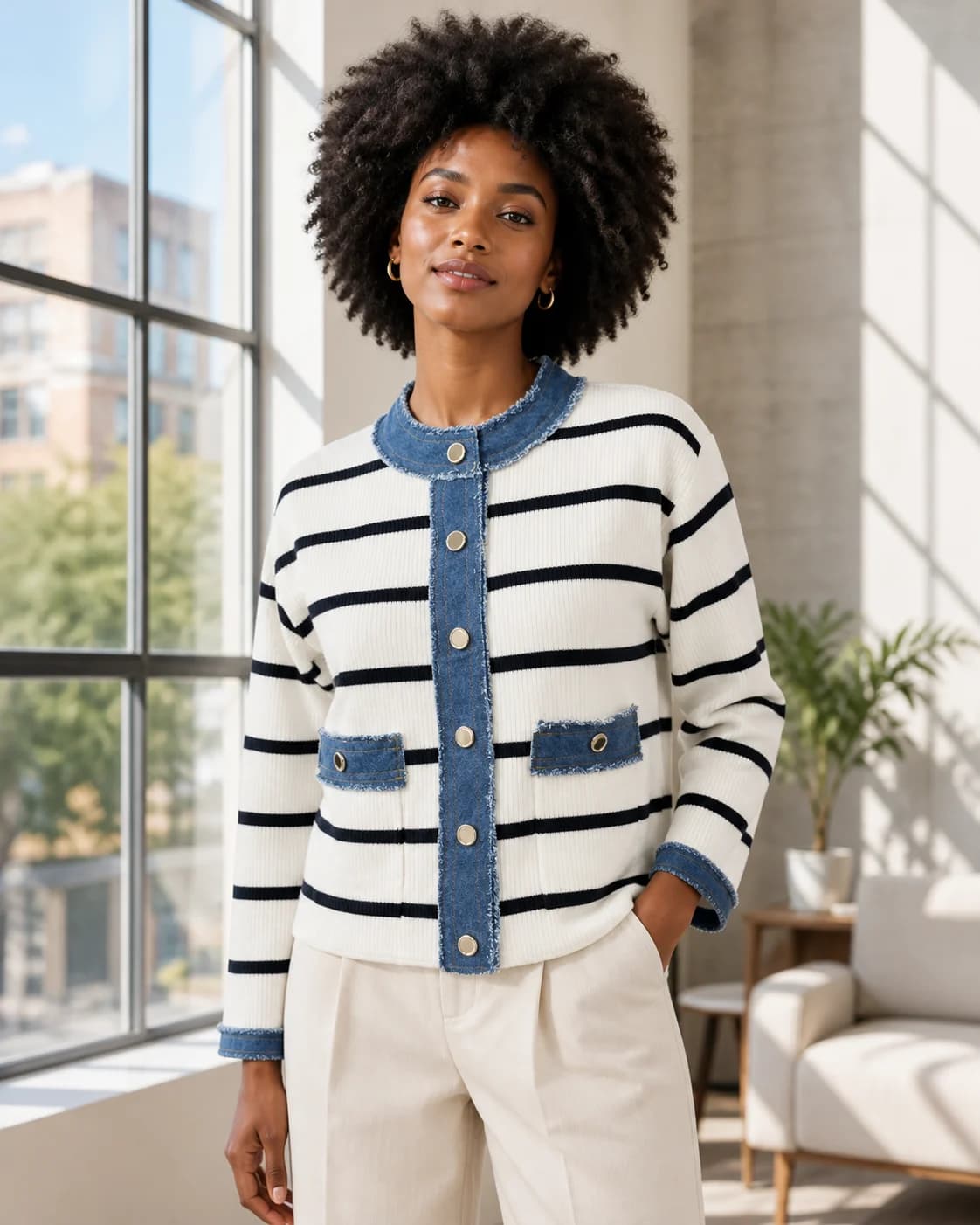 Denim-trim striped cardigan, view 1